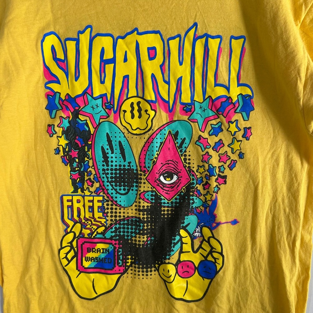Sugarhill Brainwashed LA Yellow Graphic Print Skull T-Shirt LG Streetwear Trippy - Picture 2 of 13